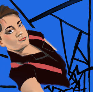 A digital illustration of Tate smiling up into the frame. He is wearing a black button up with light red suspenders and is placed on a bold blue background with an abstract design of thick black lines.